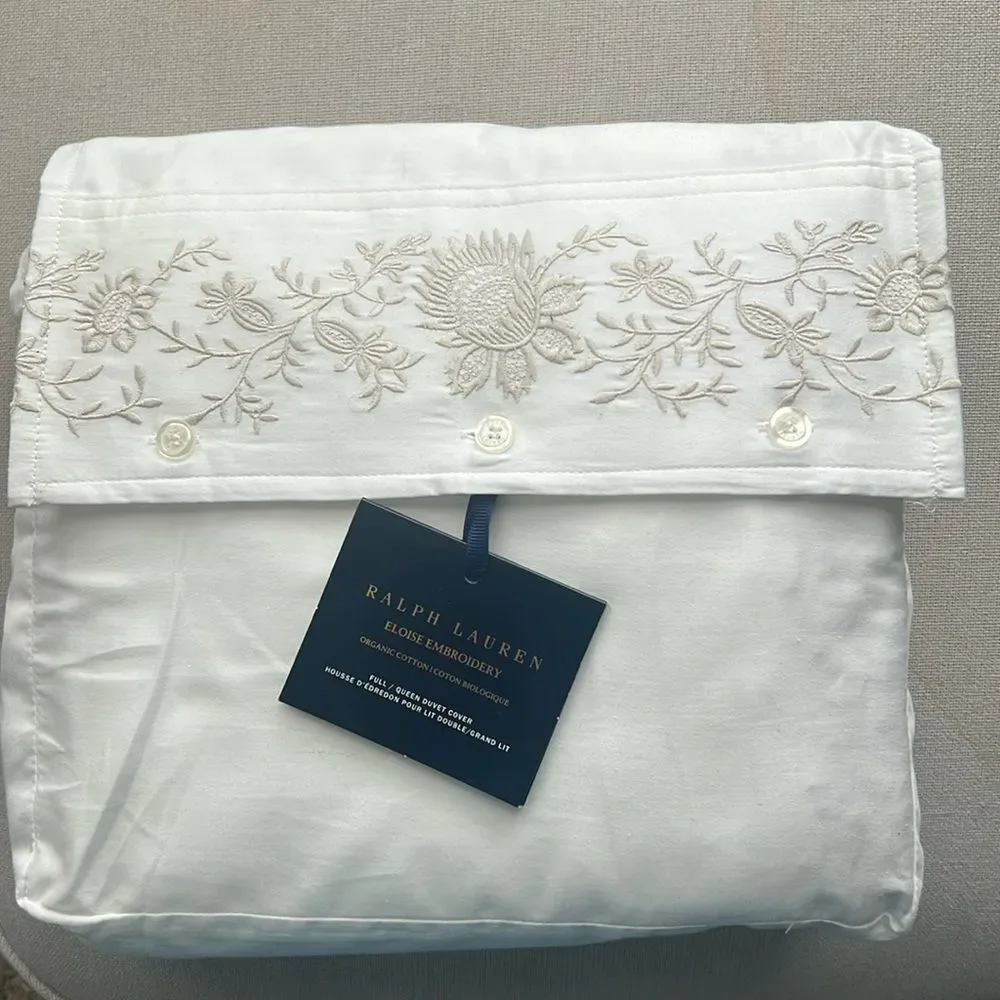 Ralph Lauren Eloise Embroidery Organic Cotton Duvet in Platinum Full/Queen NWT